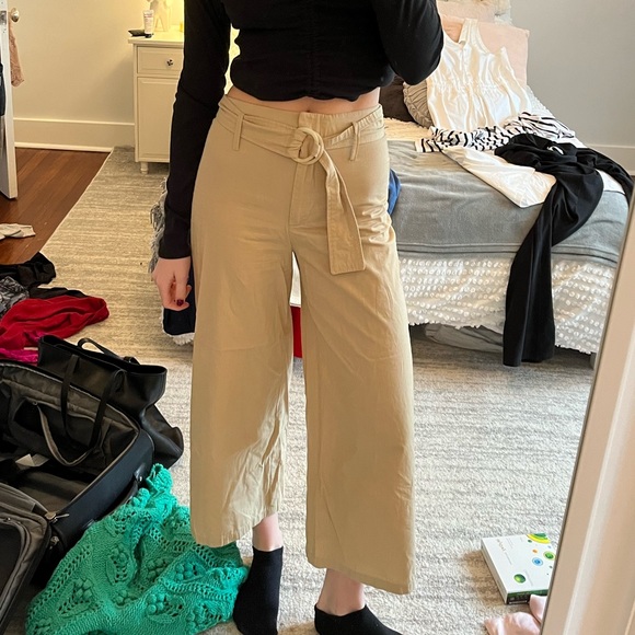 Mango Belted Khaki Cotton Wide Leg Pants - Picture 4 of 10
